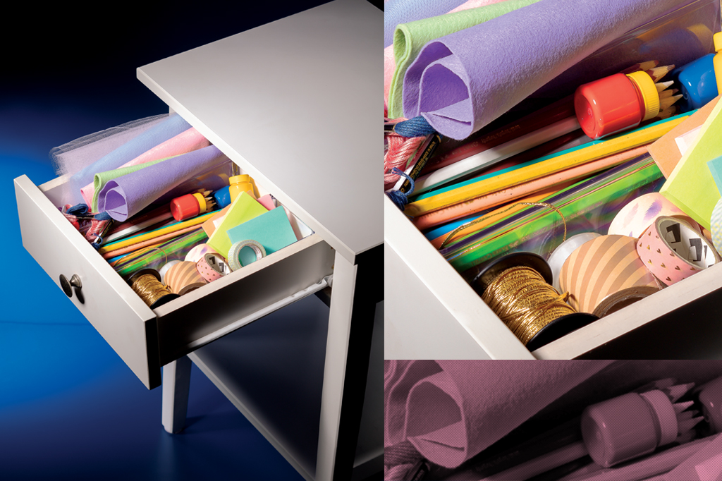 Imagem, em composi&ccedil;&atilde;o, de uma gaveta branca aberta com diversos materiais para arte.