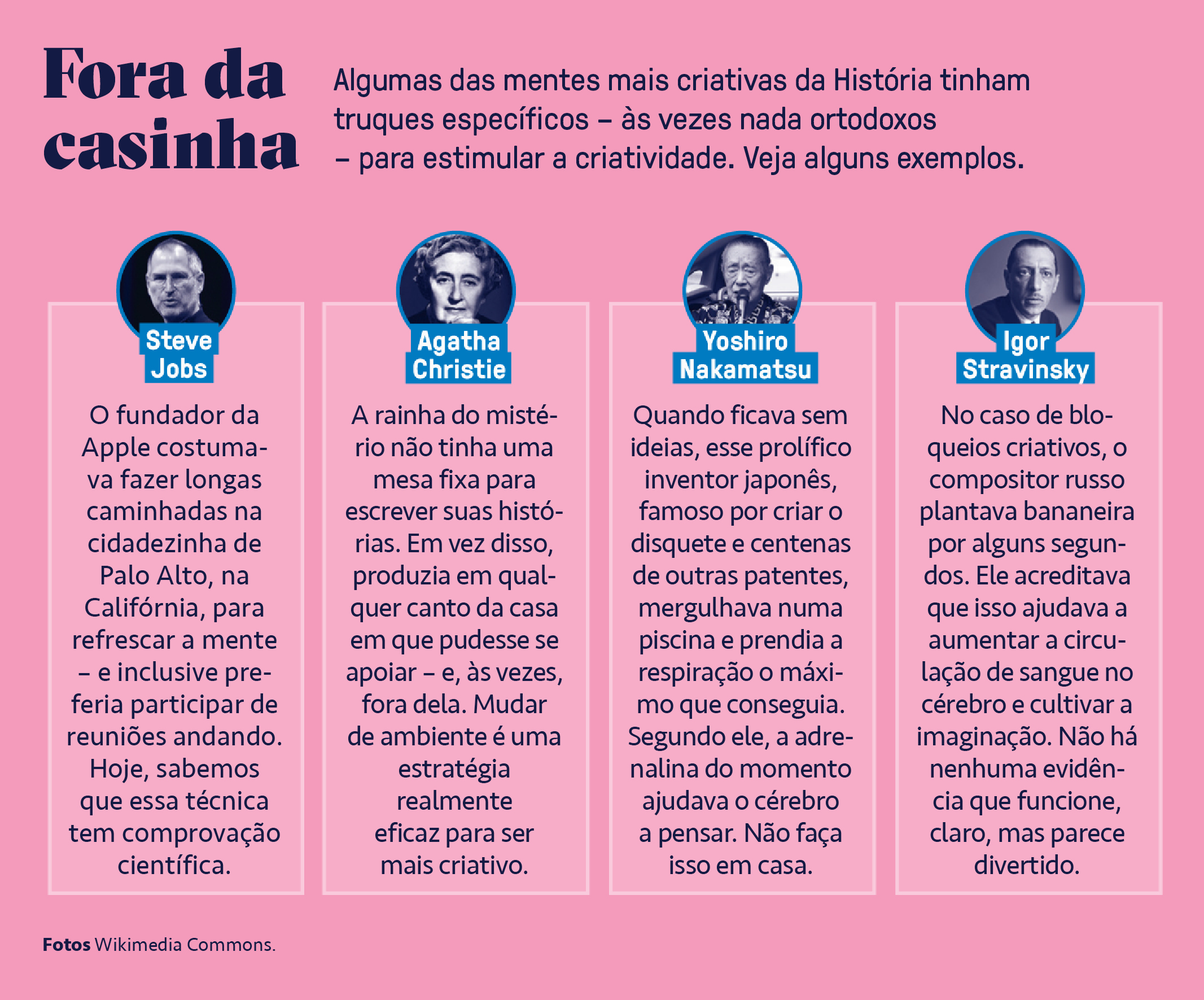 Infogr&aacute;fico, em fundo rosa, com truques espec&iacute;ficos de quatro de personalidades extremamente criativas.