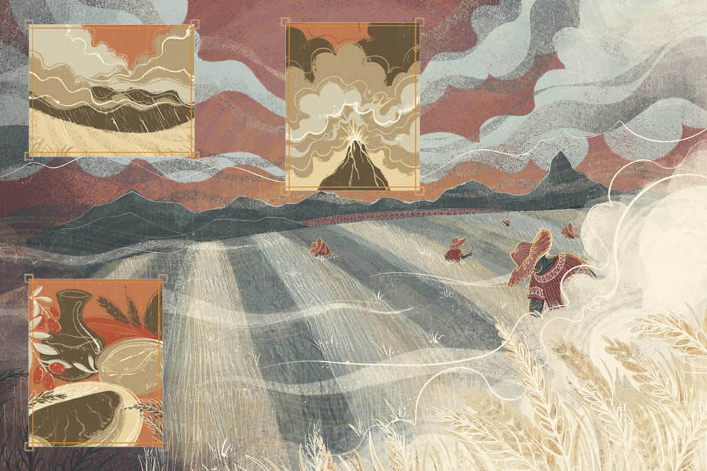 Ilustra&ccedil;&atilde;o de camponeses trabalhando na colheita.