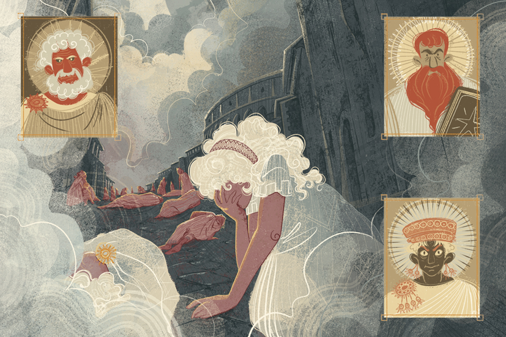 Ilustra&ccedil;&atilde;o de Roma em ru&iacute;nas &ndash; pessoas mortas e sofrendo nas ruas.