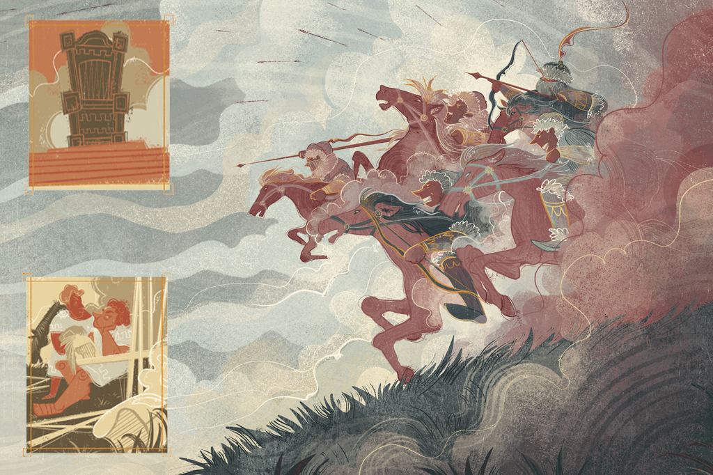 Ilustra&ccedil;&atilde;o de uma batalha &ndash; cavaleiros avan&ccedil;ando e lan&ccedil;ando flechas.