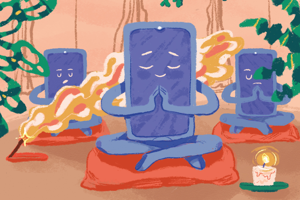 Ilustração cômica de três telefones celulares praticando yoga.