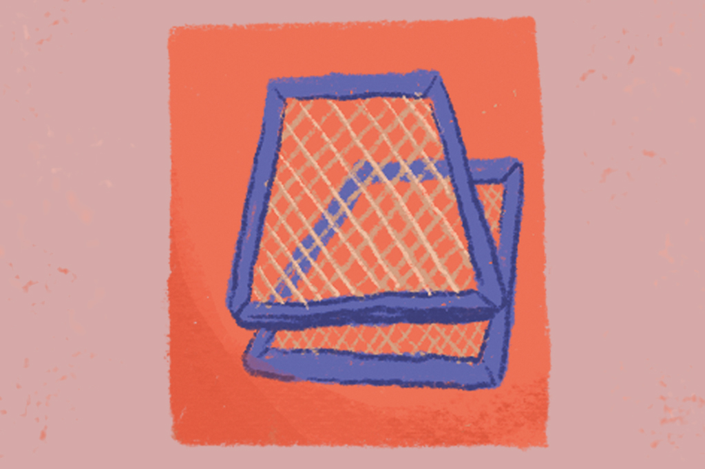 Ilustra&ccedil;&atilde;o, em fundo rosa, de duas telas de estamparia.