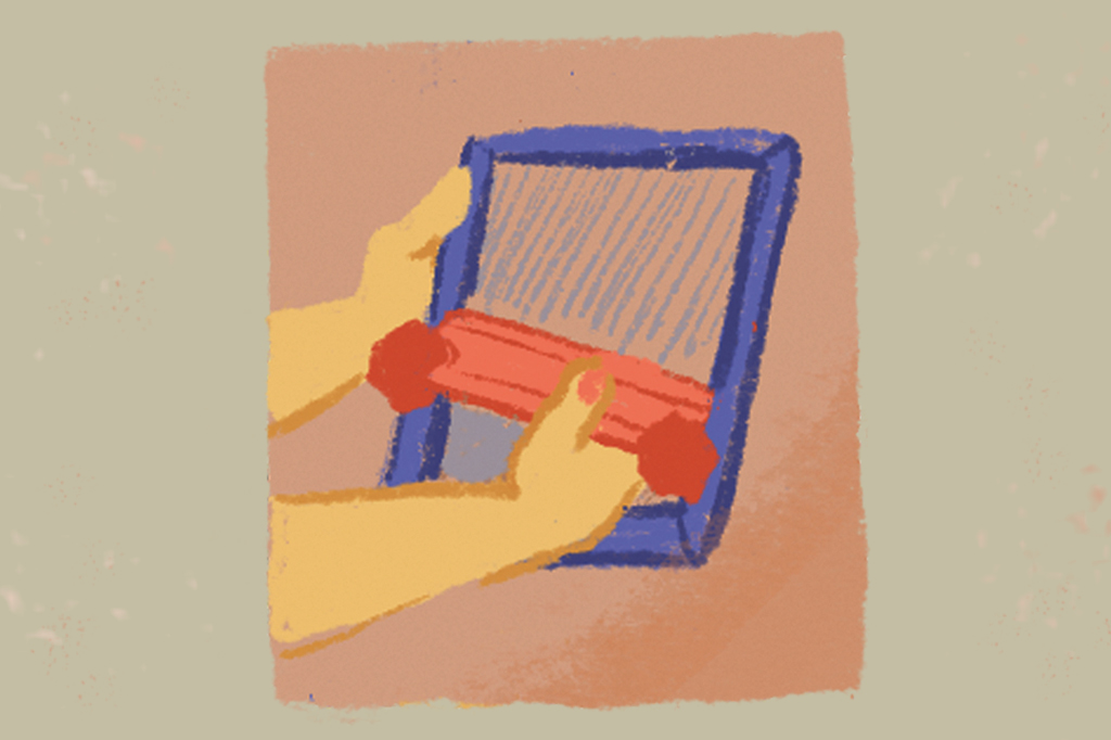 Ilustra&ccedil;&atilde;o, em fundo cinza, de um rodo com tinta sendo usado numa tela de estamparia.