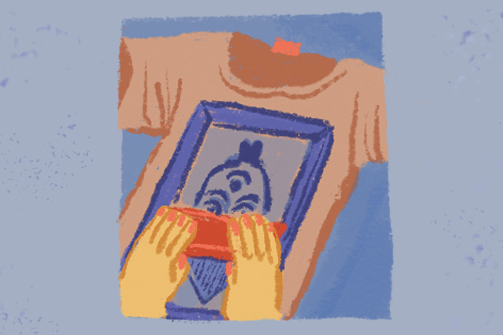 Ilustra&ccedil;&atilde;o, em fundo azul, de um desenho do Or&aacute;culo sendo estampado numa camiseta.