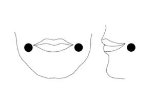 Desenho indicando onde os labrets podem ter sido colocados para criar o desgaste visto nos dentes da Era Glacial.