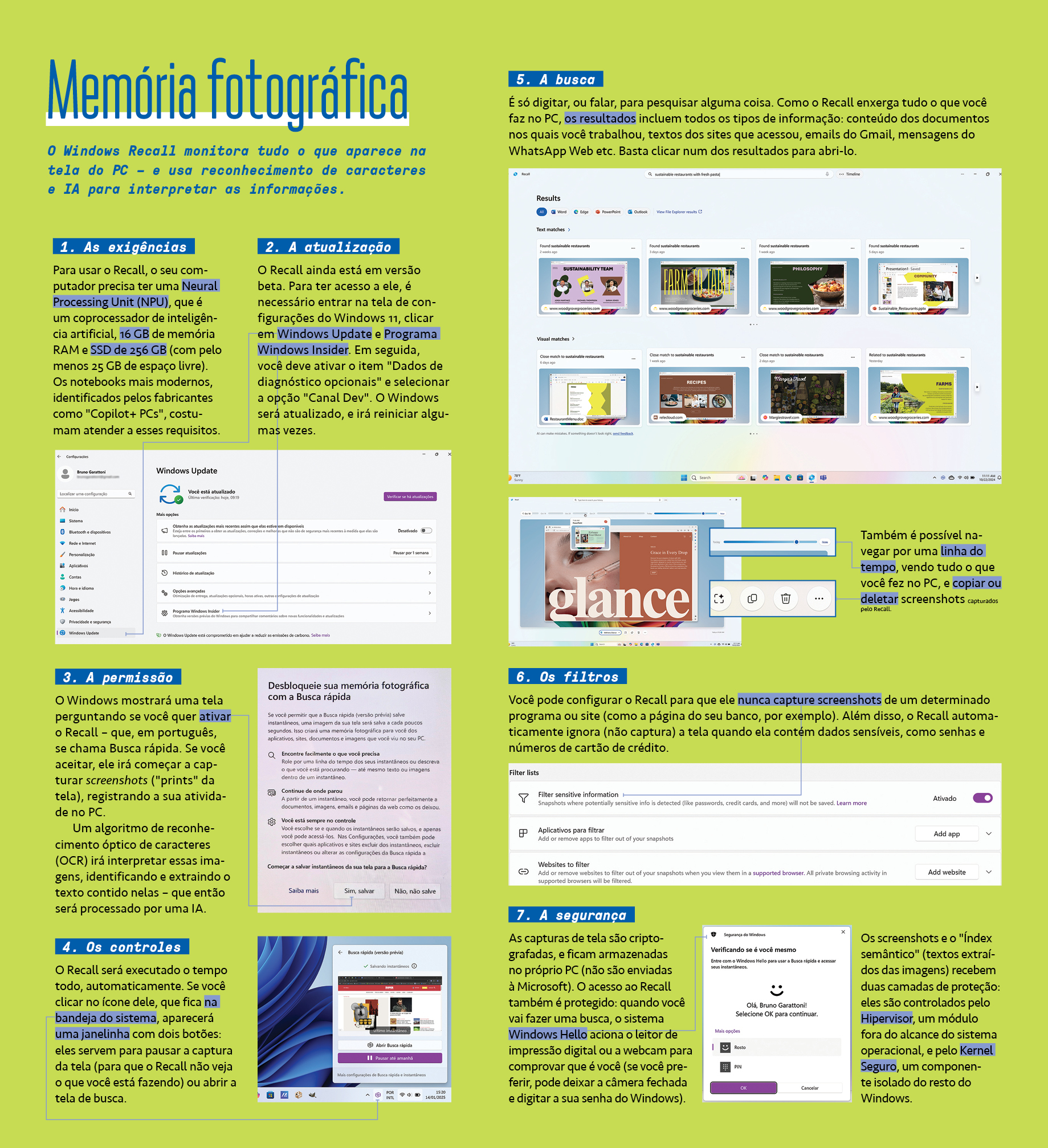 Infogr&aacute;fico, em fundo verde, explicando o funcionamento do Windows Recall.