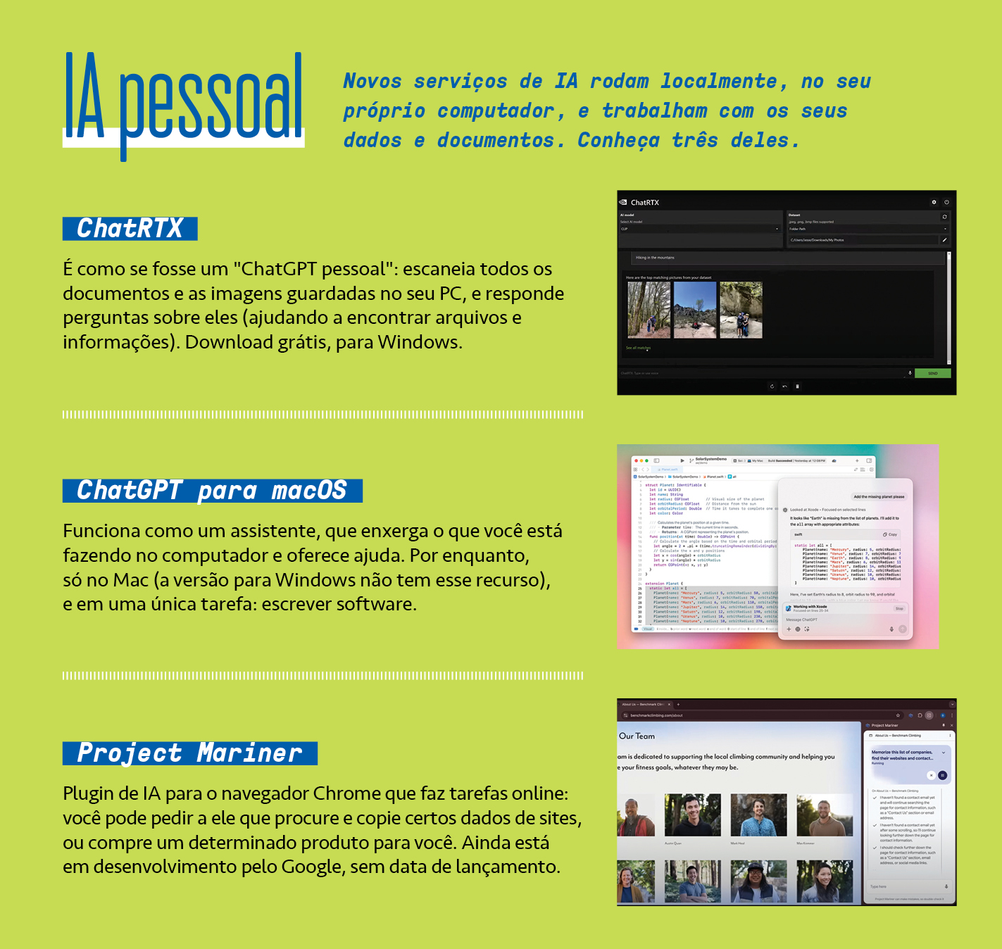 Infogr&aacute;fico, em fundo verde, explicando os novos servi&ccedil;os de IA em computadores pessoais.