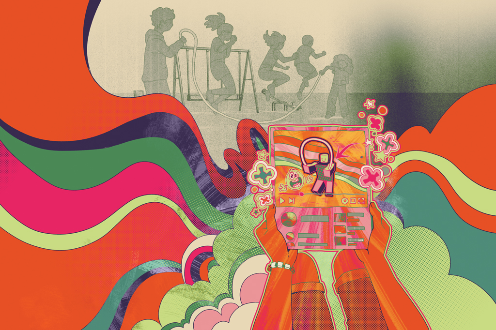 Ilustra&ccedil;&atilde;o, em estilo psicod&eacute;lico, de crian&ccedil;as pulando corda e uma m&atilde;o segurando um celular multicolorido em primeiro plano.