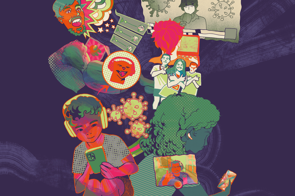 Ilustra&ccedil;&atilde;o, em estilo psicod&eacute;lico, de duas crian&ccedil;as usando celular. Ao fundo diversas refer&ecirc;ncias de redes sociais.