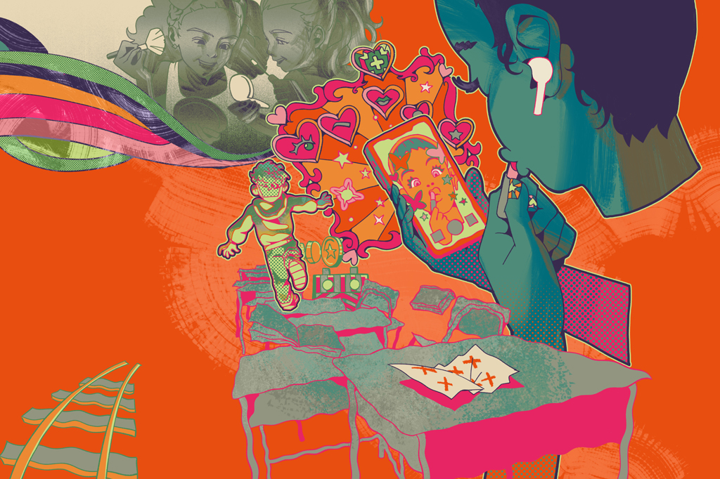 Ilustra&ccedil;&atilde;o, em estilo psicod&eacute;lico, de uma adolescente se maquiando diante de um celular.