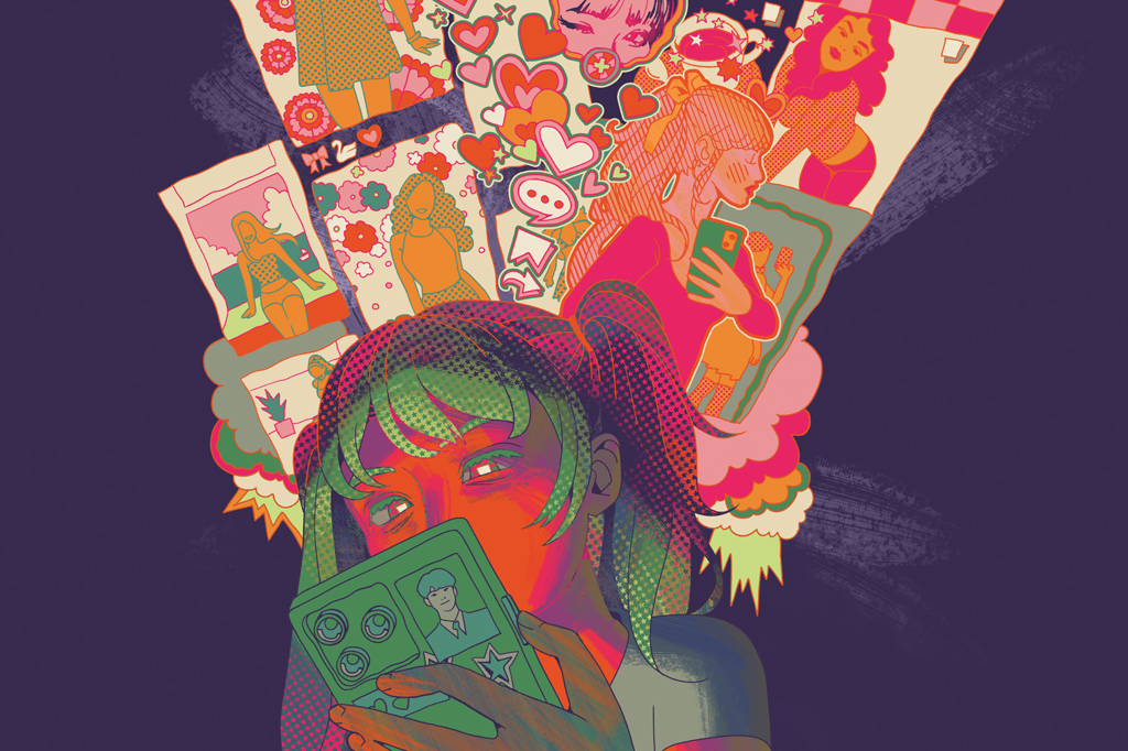 Ilustra&ccedil;&atilde;o, em estilo psicod&eacute;lico, de uma cmenina usando celular. Ao fundo diversas refer&ecirc;ncias de redes sociais.