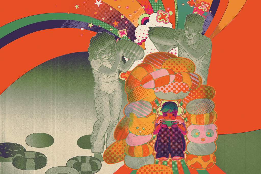 Ilustra&ccedil;&atilde;o, em estilo psicod&eacute;lico, de uma crian&ccedil;a sentada usando celular.