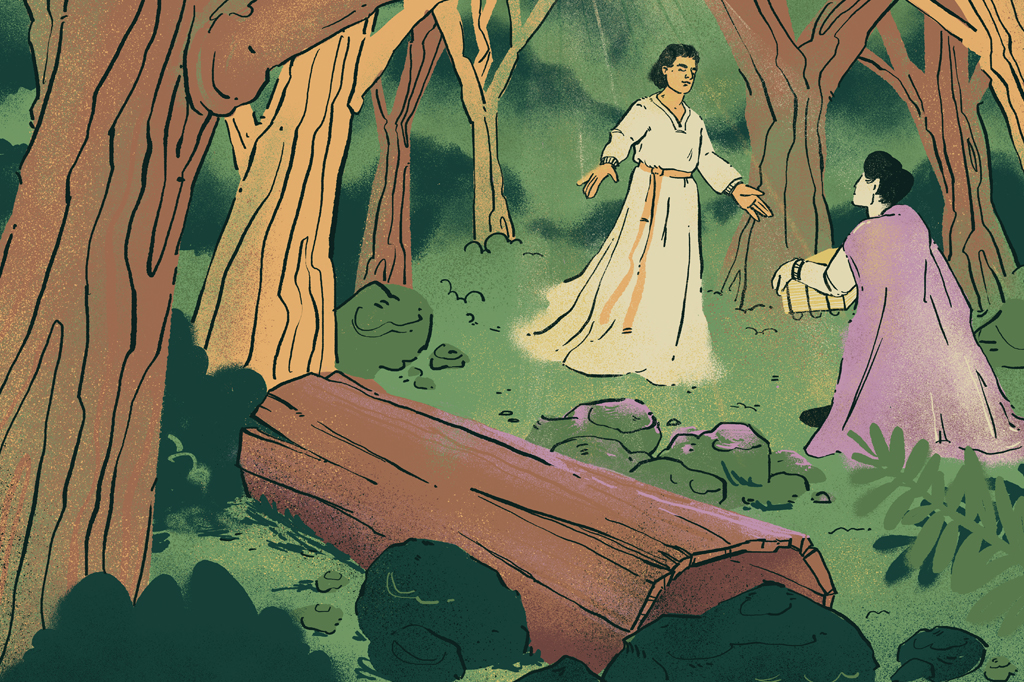 Ilustra&ccedil;&atilde;o de duas pessoas num bosque.