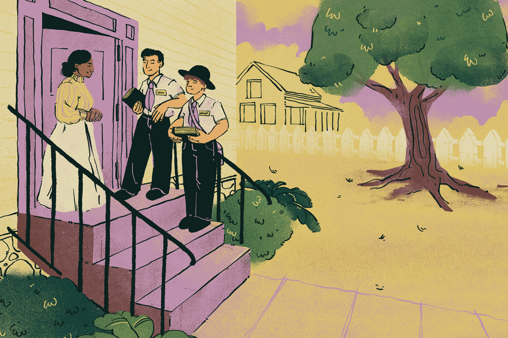 Ilustra&ccedil;&atilde;o de uma senhora recebendo dois jovens m&oacute;rmons na porta de casa.