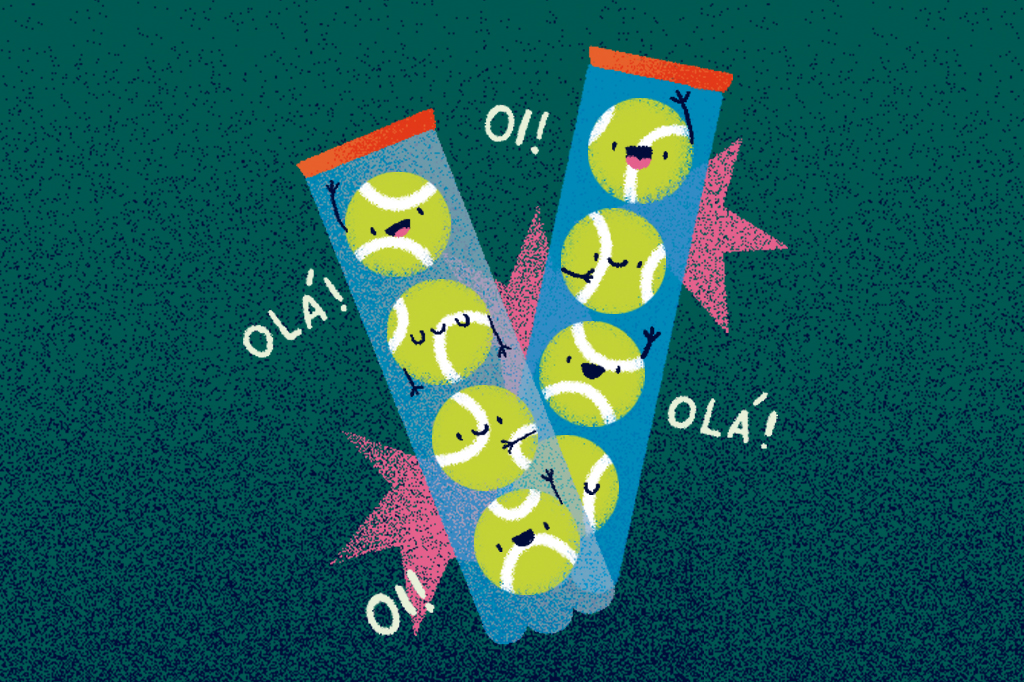 Ilustra&ccedil;&atilde;o, em fundo verde escuro, de bolas de t&ecirc;nis sorridentes dentro de tubos.