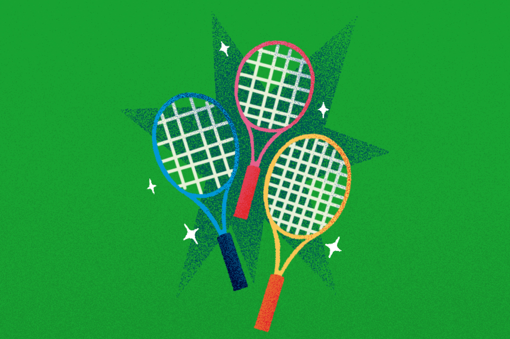 Ilustra&ccedil;&atilde;o, em fundo verde, de tr&ecirc;s raquetes de t&ecirc;nis.