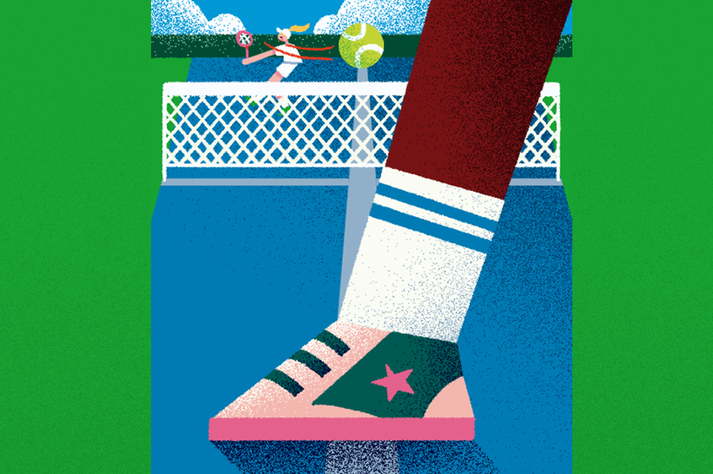 Ilustra&ccedil;&atilde;o, em fundo verde, de uma dupla jogando uma partida de t&ecirc;nis.