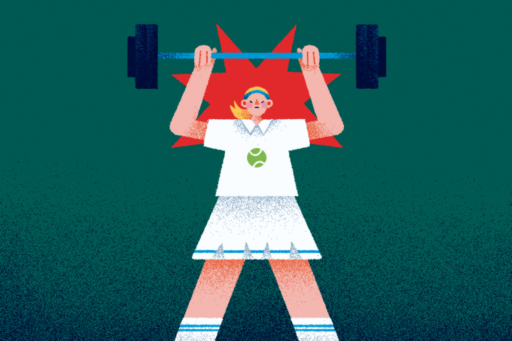 Ilustra&ccedil;&atilde;o, em fundo verde escuro, de uma tenista, vestindo branco e levantando uma barra com pesos.