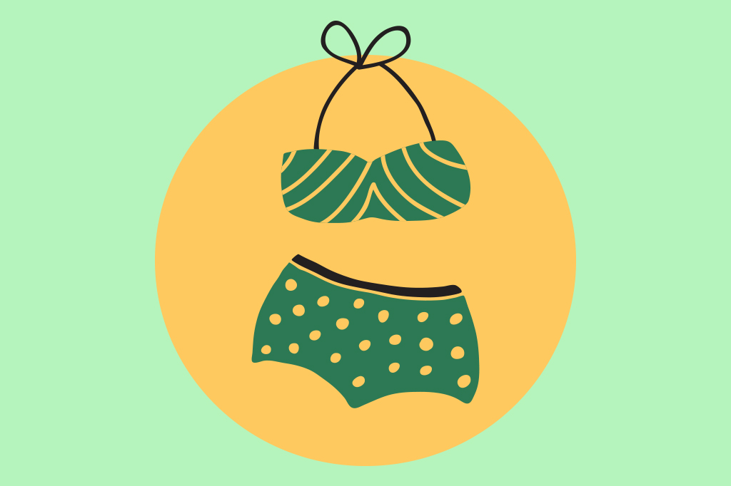 Ilustra&ccedil;&atilde;o, em fundo verde, de um biquini de bolinha amarelinha que mal caberia na Ana Maria.