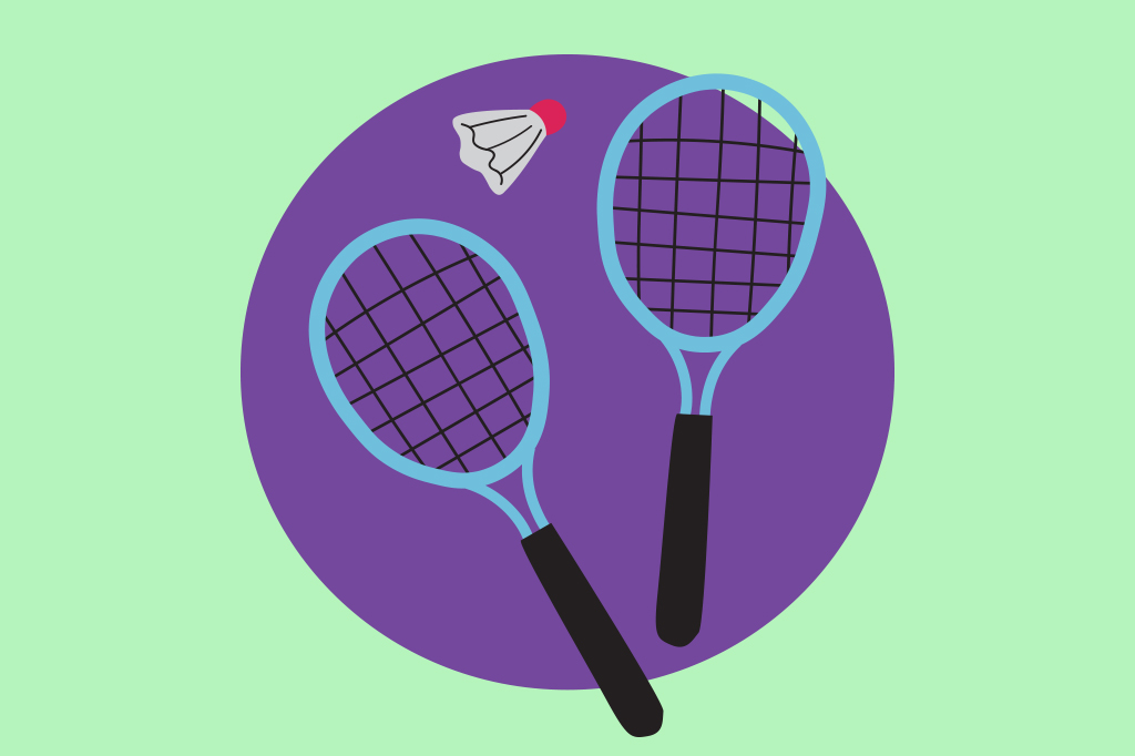 Ilustra&ccedil;&atilde;o, em fundo verde, de duas raquetes e uma peteca.