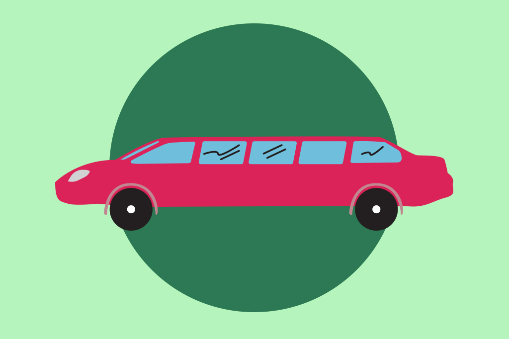 Ilustra&ccedil;&atilde;o, em fundo verde, de uma limusine vermelha.