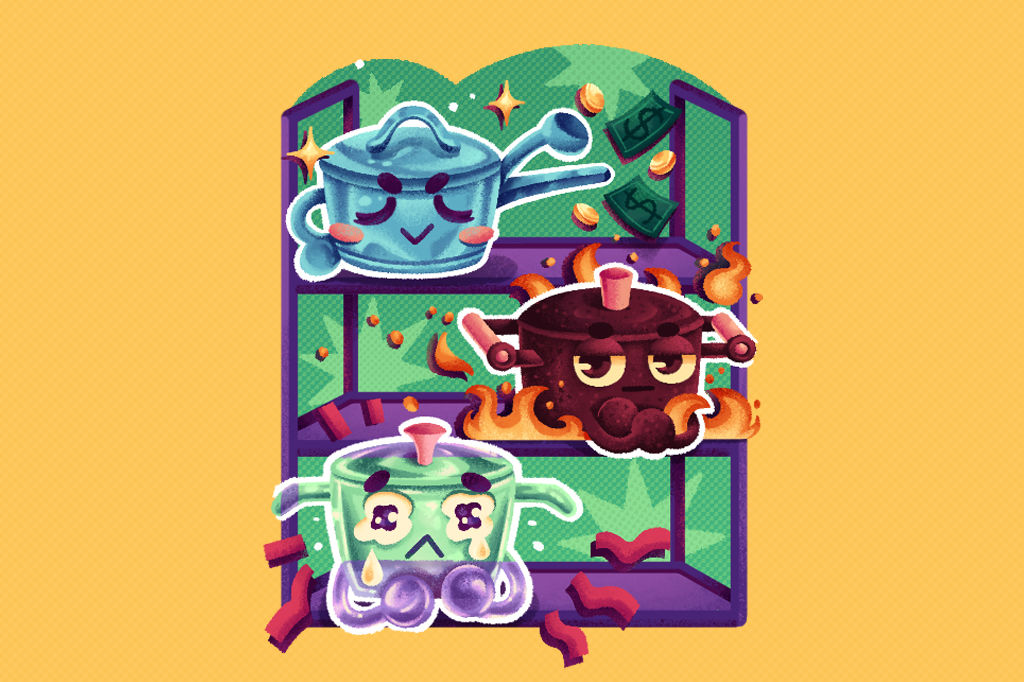 Estante com v&aacute;rios tipos de panela: vidro, inox, ferro...