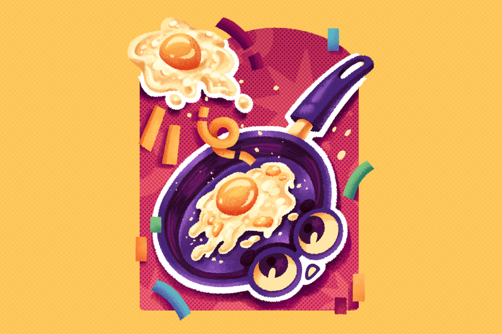 Ilustra&ccedil;&atilde;o, em fundo amarelo, de uma frigideira sendo usada para fritar ovos.