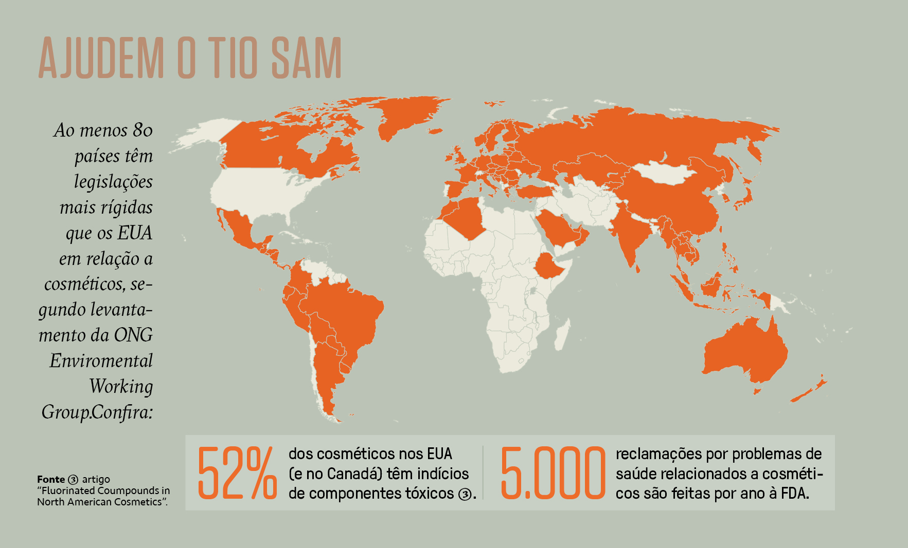 Infogr&aacute;fico, em fundo neutro, com o mapa global dos pa&iacute;ses com leis mais r&iacute;gidas em rela&ccedil;&atilde;o aos suplementos alimentares e cosm&eacute;ticos.