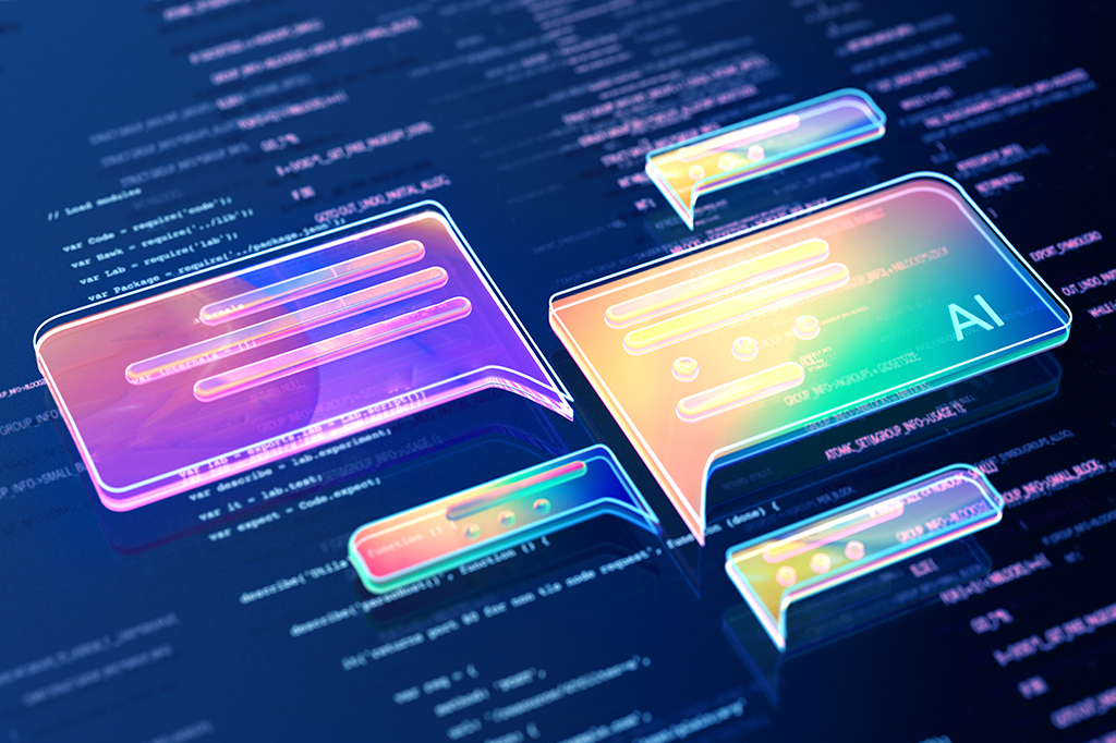 Imagem de ícones de bate-papo de dados abstratos de IA voando sobre uma superfície digital com códigos.