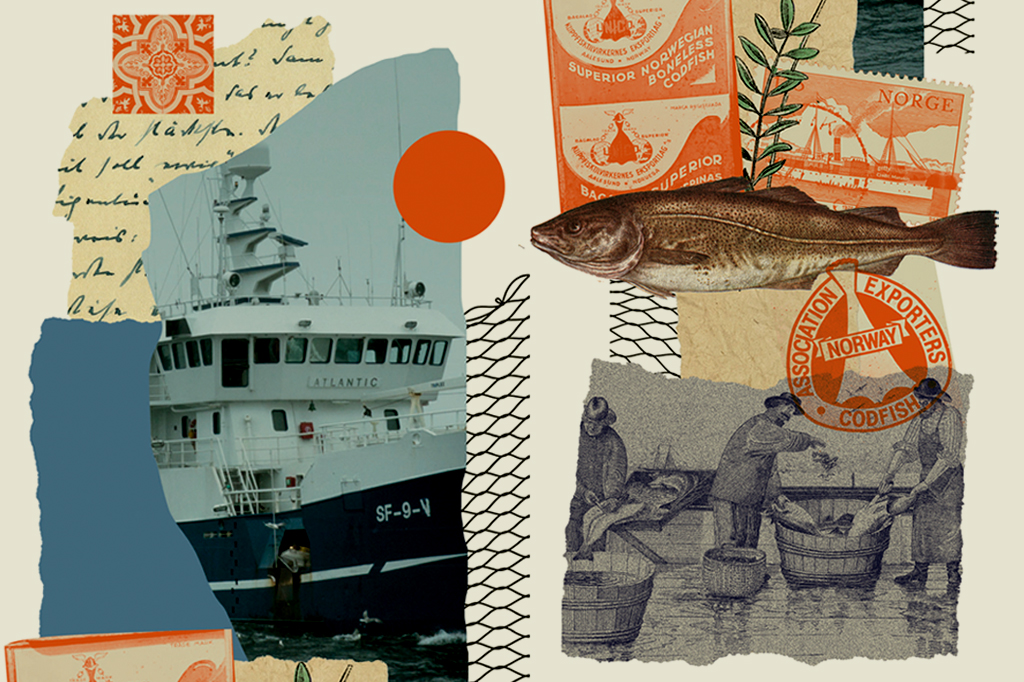 Imagem, em fundo marrom claro, de um a fotocomposi&ccedil;&atilde;o contendo um azulejo portugu&ecirc;s, um barco grande de pesca, selos, um peixe e uma gravura de pessoas trabalhando com o peixe.