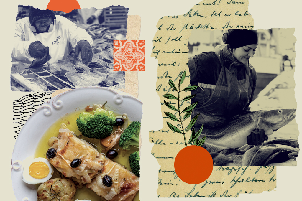 Imagem, em fundo marrom claro, de um a fotocomposi&ccedil;&atilde;o contendo um azulejo portugu&ecirc;s, um prato com uma posta de bacalhau e duas pessoas trabalhando com o peixe.