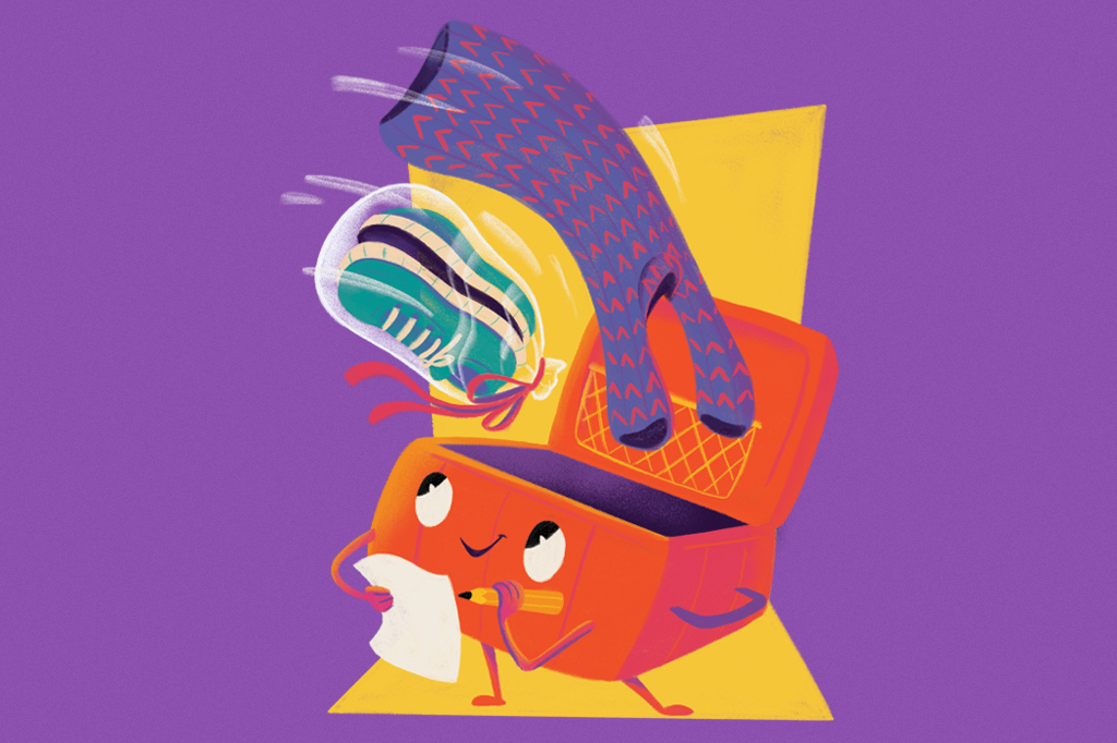 Ilustra&ccedil;&atilde;o c&ocirc;mica, em fundo lil&aacute;s, de uma mala anotando os itens que ser&atilde;o colocados dentro dela.