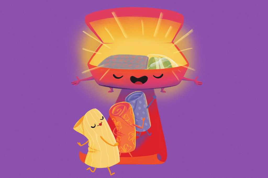 Ilustra&ccedil;&atilde;o c&ocirc;mica, em fundo lil&aacute;s, de uma mala recebendo de bra&ccedil;os abertos e um tapete vermelho, tr&ecirc;s toalhas caminhando em fila indiana.