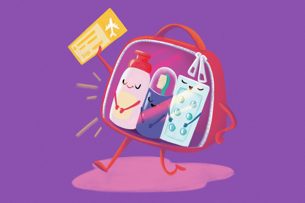 Ilustra&ccedil;&atilde;o c&ocirc;mica, em fundo lil&aacute;s, de uma pequena bolsa, contendo itens de higiene, segurando uma passagem a&eacute;rea.