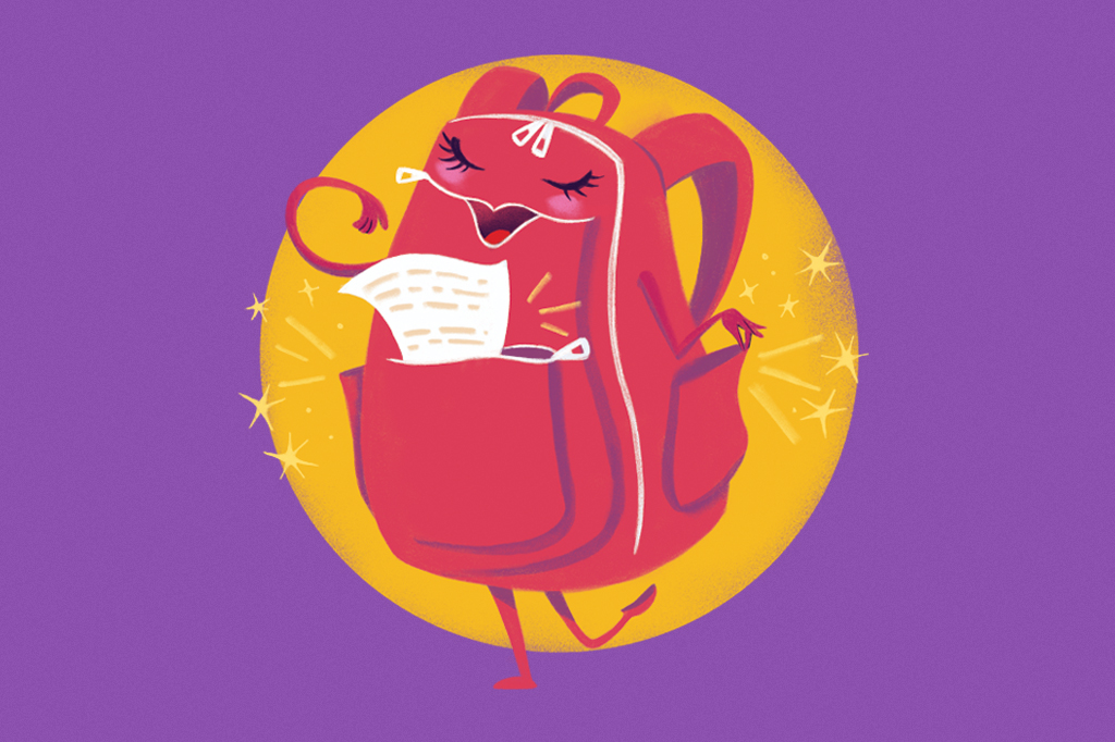 Ilustra&ccedil;&atilde;o c&ocirc;mica, em fundo lil&aacute;s, de uma mochila sorrindo e brilhando ap&oacute;s uma limpeza.