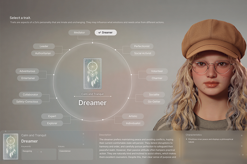 Imagem, em fundo cinza, de uma garota loira usando &oacute;culos e uma boina. Ao lado um menu virtual para defini&ccedil;&atilde;o de de caracter&iacute;sticas f&iacute;sicas e psicol&oacute;gicas.