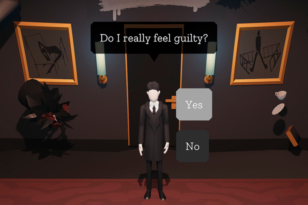 Imagem do jogo Playing Kafka. Um personagem, usando terno e gravata, est&aacute; de p&eacute;, numa sala decorada com quadros, diante de uma pergunta e dois bot&otilde;es de op&ccedil;&atilde;o de resposta.