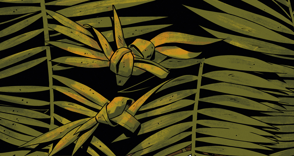 Ilustra&ccedil;&atilde;o de folhas de plantas usadas para fazer cestos no interior da floresta amaz&ocirc;nica.