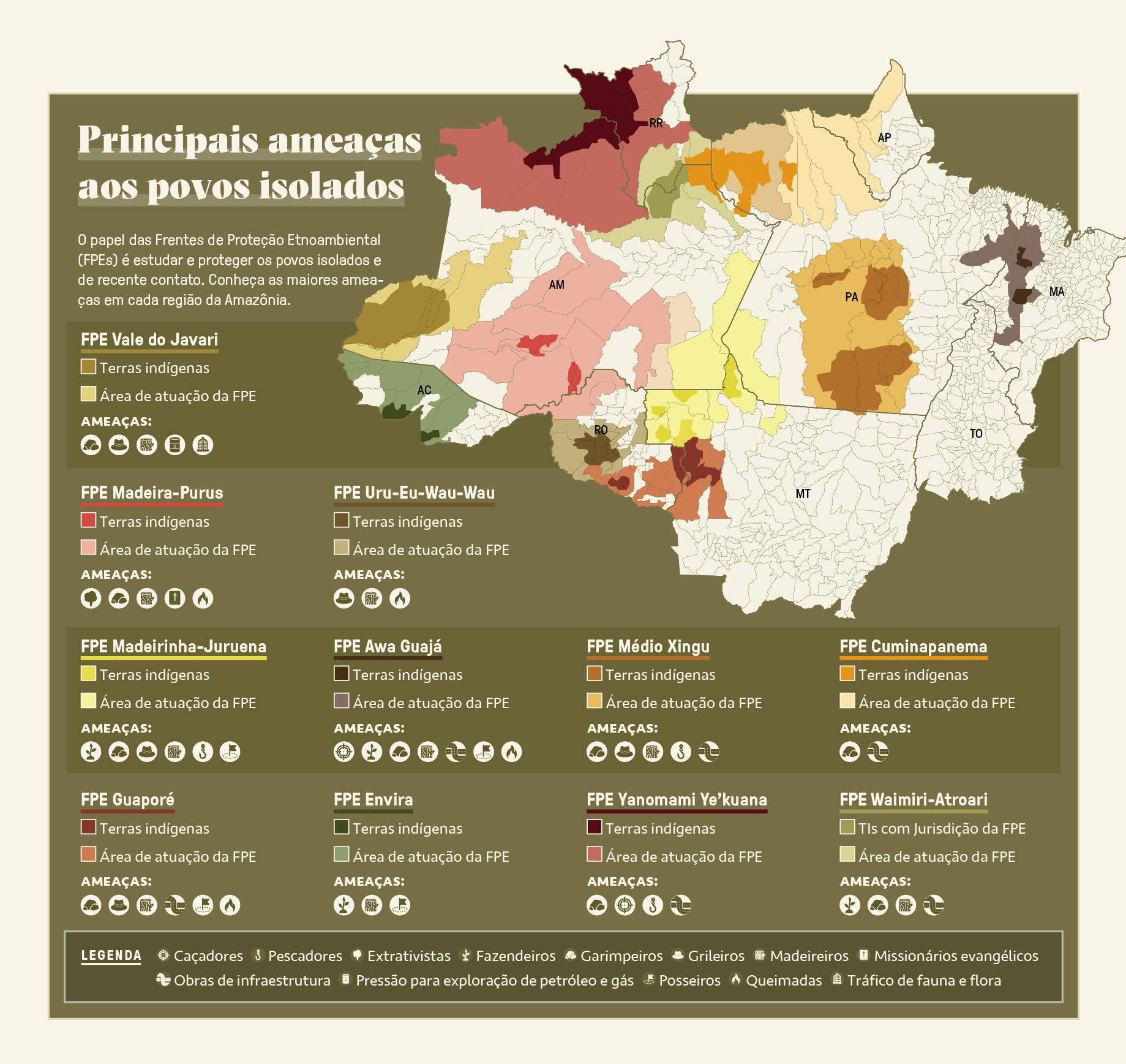 Mapa, em fundo verde oliva, da regi&atilde;o amaz&ocirc;nica, com as principais amea&ccedil;as sobre os povos isolados no Brasil.