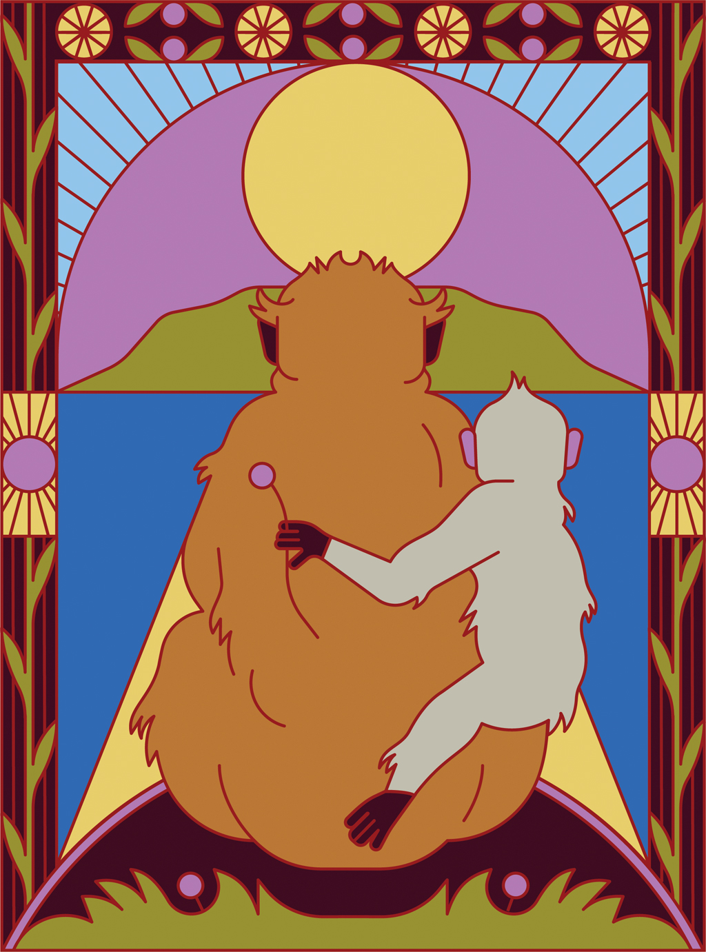 Ilustra&ccedil;&atilde;o, em fundo lil&aacute;s, de conota&ccedil;&atilde;o religiosa zen budista, de dois macacos assistindo ao p&ocirc;r-do-sol.