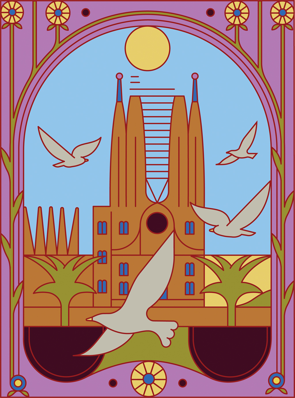 Ilustra&ccedil;&atilde;o, em fundo lil&aacute;s, de conota&ccedil;&atilde;o religiosa cat&oacute;lica, de uma catedral. V&ecirc;-se, tamb&eacute;m, pombas voando, duas &aacute;rvores e o Sol mais ao alto.