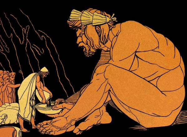 Ilustração do Ulisses dando vinho ao Ciclope Polifemo. Extraído de “Stories From Homer”