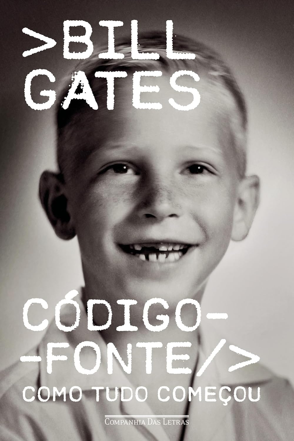 capa da biografia de bill gates. trata-se de uma foto em preto e branco de gates criança