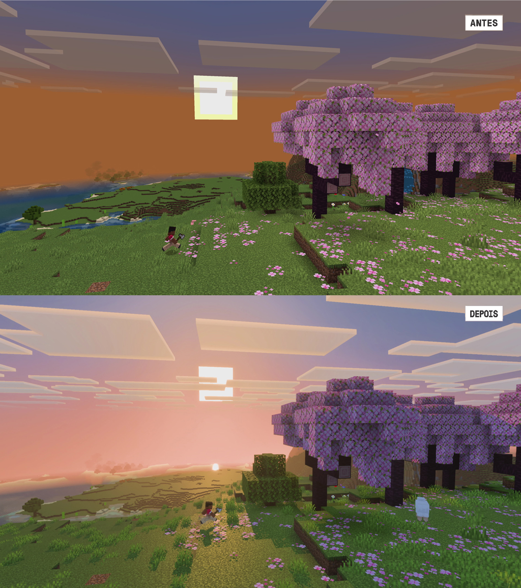 Imagem do jogo Minecraft original e, abaixo, produzida por IA.