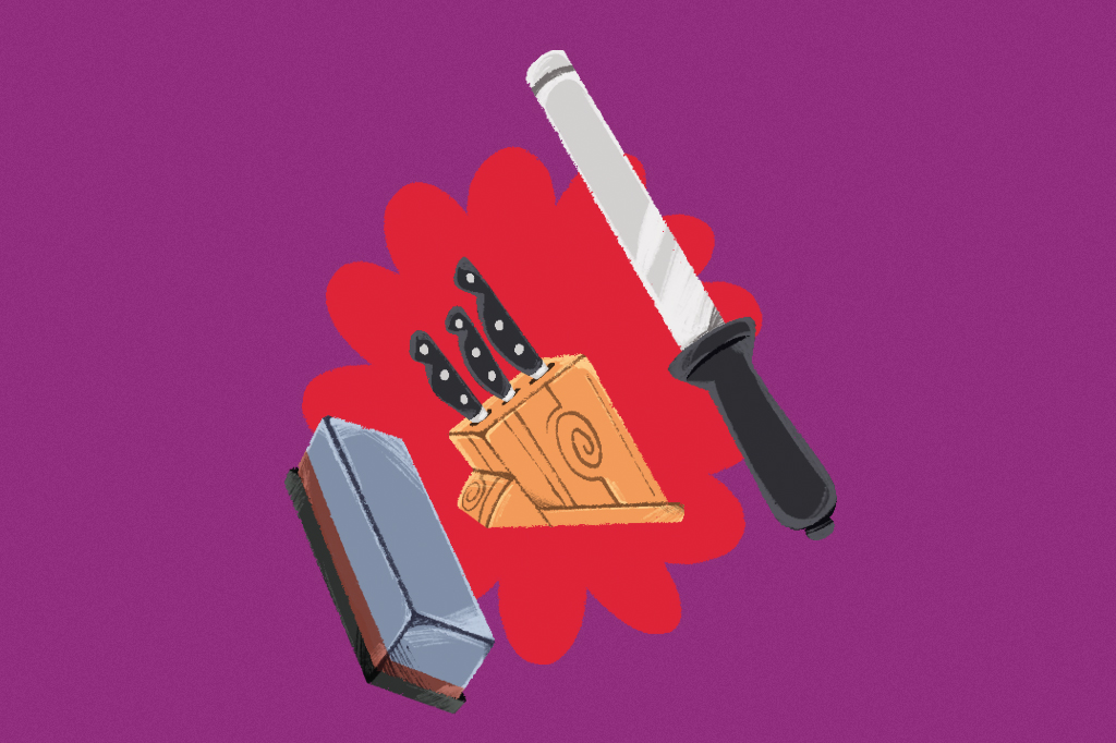 Ilustra&ccedil;&atilde;o, em fundo roxo, de um trio de facas e dois amoladores.