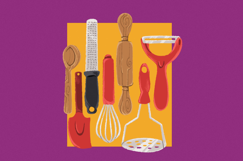 Ilustra&ccedil;&atilde;o, em fundo roxo, de sete utens&iacute;lios de cozinha em cima de uma toalha amarela.