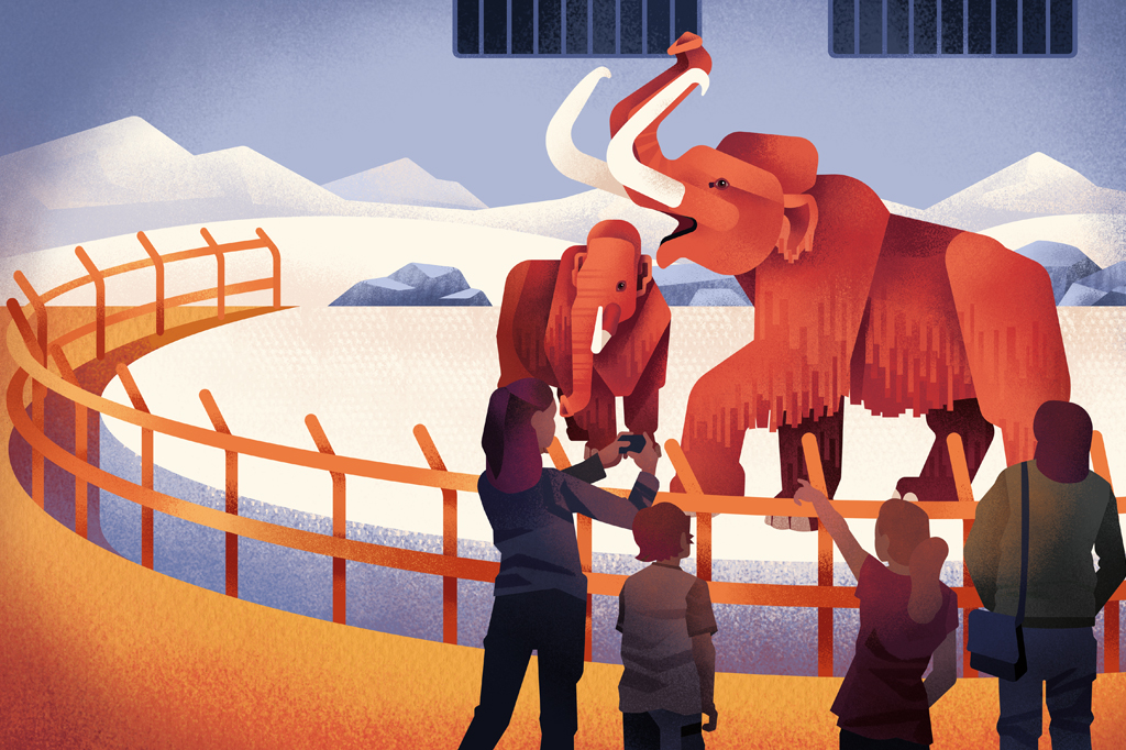 Ilustra&ccedil;&atilde;o, colorida, de quatro pessoas, num zool&oacute;gico, observando um casal de mamutes.