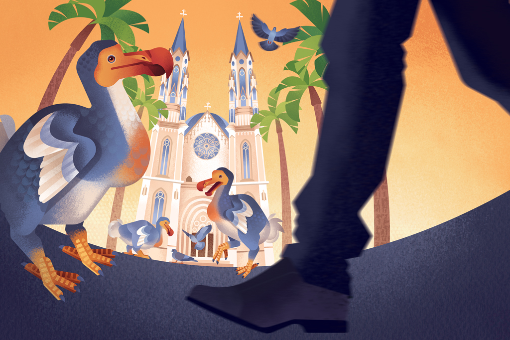 Ilustra&ccedil;&atilde;o, colorida, de p&aacute;ssaros dod&ocirc; diante de uma catedral. V&ecirc;-se palmeiras, ao fundo, e uma pessoa caminhando, em primeiro plano.