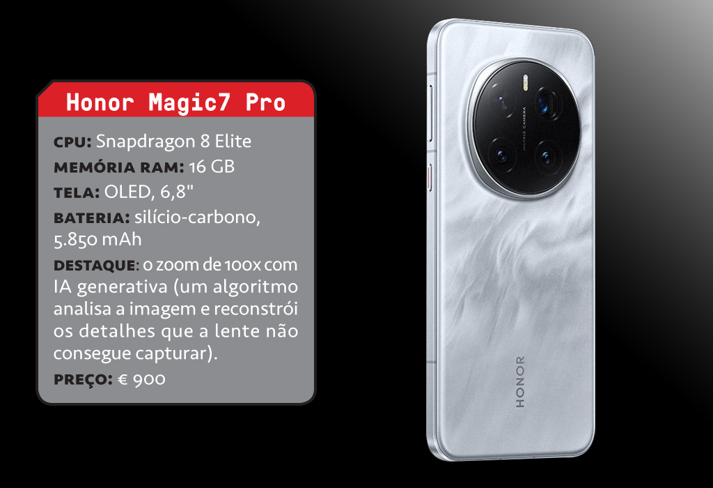 Imagem, em fundo escuro, de um smartphone e sua ficha t&eacute;cnica.